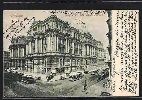 AK Chicago, City Hall and Court House, Strassenbahnen