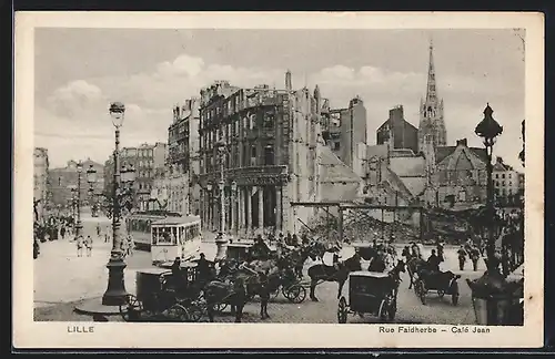 AK Lille, Rue Faidherbe, Café Jean, Strassenbahn