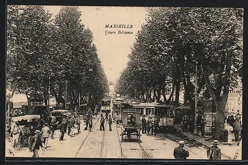 AK Marseille, Cours Belsunce mit Strassenbahnen und Kutsche