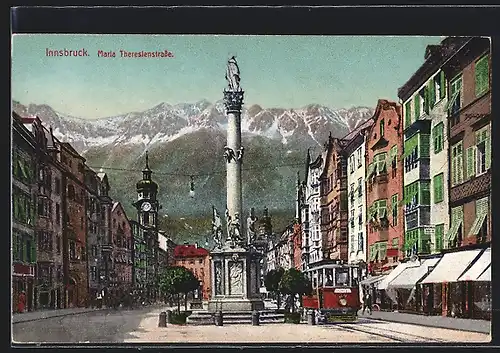 AK Innsbruck, Maria Theresienstrasse mit vorbeifahrender Strassenbahn