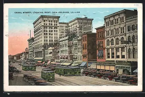 AK New Orleans, Canal Street, Looking West, Strassenbahn