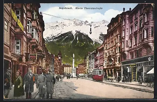 AK Innsbruck, Strassenbahn in der Maria Theresienstrasse