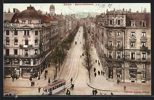 AK Zürich, Bahnhofstrasse mit Strassenbahn