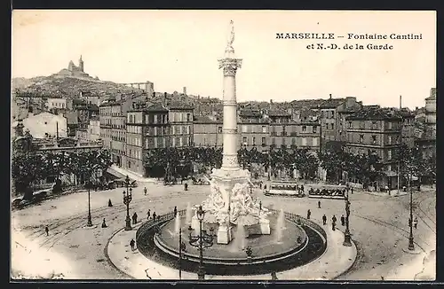 AK Marseille, Fontaine Cantini et N.-D. de la Garde, Strassenbahn