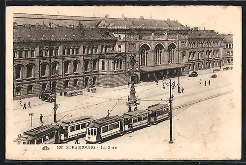 AK Strasbourg, La Gare, Strassenbahnen