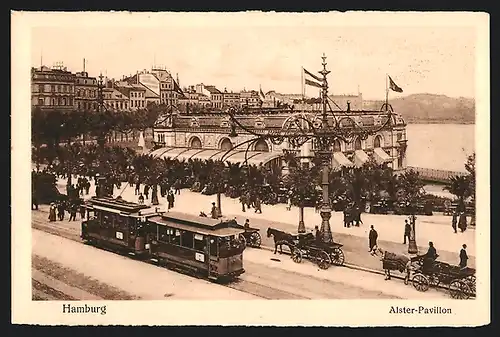 AK Hamburg, Alster-Pavillon, Droschken und Strassenbahn