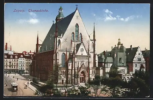 AK Leipzig, Thomaskirche mit Strassenbahn