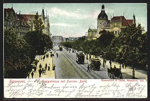 AK Hannover, Georgstrasse mit Hannov. Bank, Strassenbahn