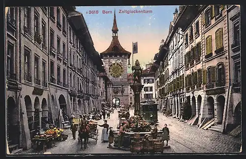 AK Bern, Zeitglockenturm mit Marktständen und Strassenbahn