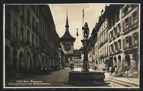 AK Bern, Kramgasse mit Lähringbrunnen und Zeitglockenturm