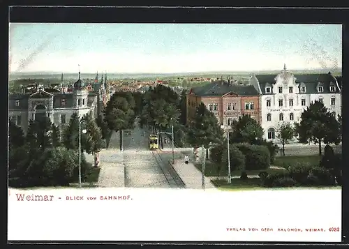 AK Weimar, Blick vom Bahnhof, mit Strassenbahn