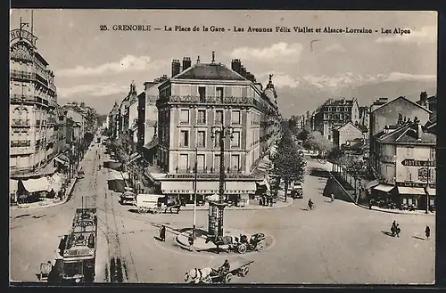 AK Grenoble, La Place de la Gare, Les Avenues Fèlix Viallet et Alsace-Lorraine, Strassenbahn