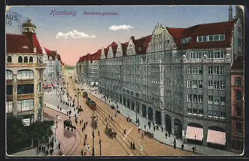 AK Hamburg, Mönkebergstrasse mit Strassenbahnen aus der Vogelschau