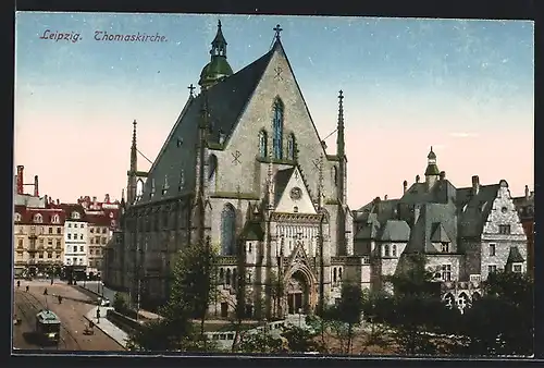 AK Leipzig, Thomaskirche mit Strassenbahn