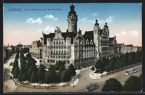 AK Leipzig, Neues Rathaus mit Rathausring, Strassenbahn