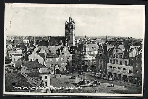 AK Darmstadt, Marktplatz mit Rathaus und Stadtkirche, Strassenbahn