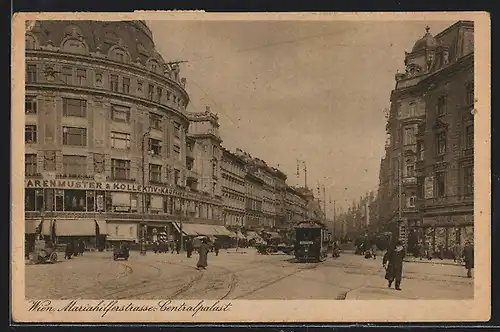 AK Wien, Strassenbahn in der Mariahilferstrasse mit Centralpalast