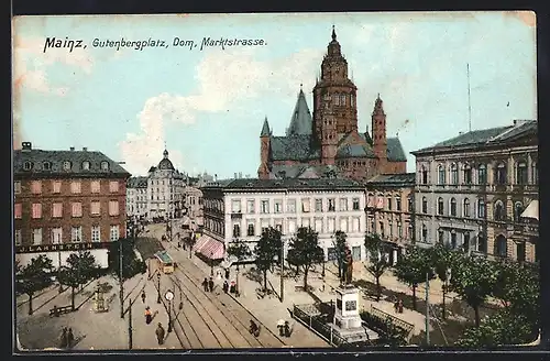 AK Mainz, Dom am Gutenbergplatz und Marktstrasse mit Strassenbahn