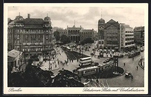 AK Berlin-Tiergarten, Potsdamer Platz mit Verkehrsturm und Strassenbahn