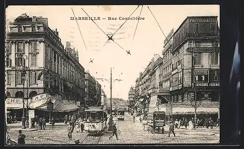 AK Marseille, Rue Cannebière, Strassenbahn