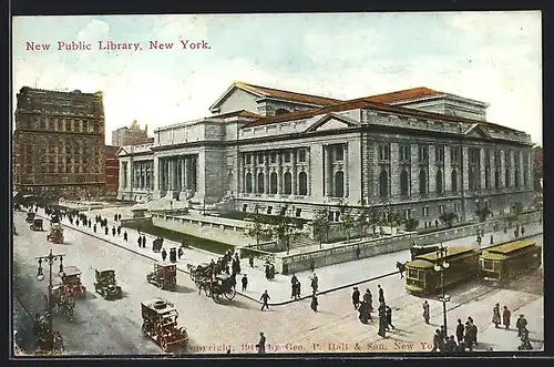 AK New York, New Public Library, Strassenbahn