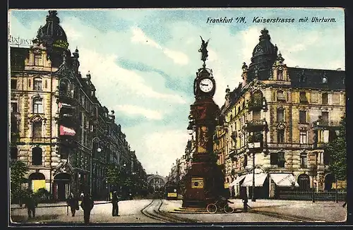 AK Frankfurt a. M., Kaiserstrasse mit Uhrturm und Strassenbahn