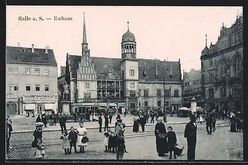 AK Halle a. S., Rathaus mit Geschäften