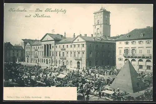 AK Karlsruhe, Marktplatz mit Rathaus