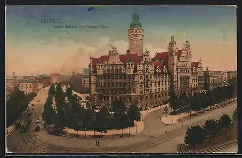 AK Leipzig, Neues Rathaus und Strasse Rathaus-Ring mit Strassenbahn