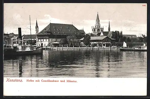 AK Konstanz, Hafen mit Concilienhaus und Münster