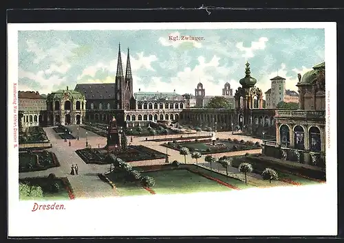 AK Dresden, Zwinger aus der Vogelschau mit Gartenanlagen