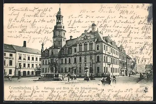 AK Crimmitschau i. S., Rathaus an der Silberstrasse mit Brunnen
