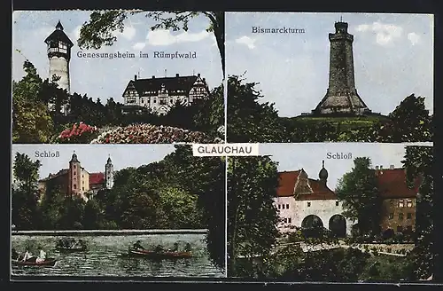 AK Glauchau, Genesungsheim im Rümpfwald, Schloss, Bismarckturm