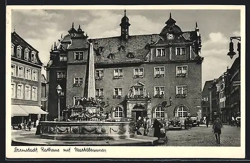 AK Darmstadt, Rathaus mit Gasthaus Ratskeller und Marktbrunnen