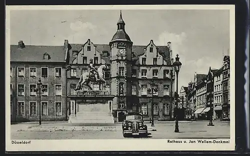 AK Düsseldorf, Rathaus und Jan-Wellem-Denkmal