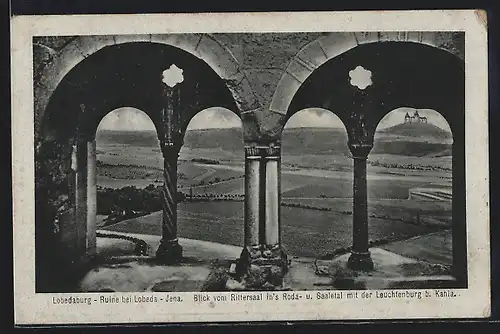 AK Jena, Ruine der Lobedaburg, Blick vom Rittersaal in`s Roda- und Saaletal mit der Leuchtenburg b. Kahla