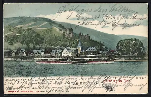 AK Heimburg am Rhein, Flusspartie mit Dampfer