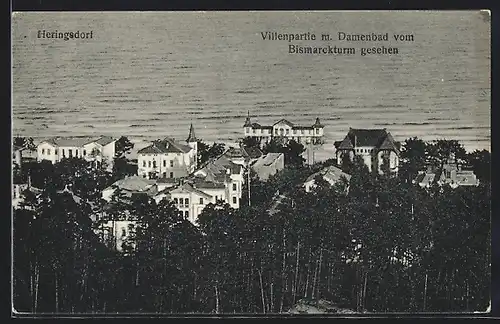 AK Heringsdorf / Seebad, Villenpartie mit Damenbad vom Bismarckturm aus