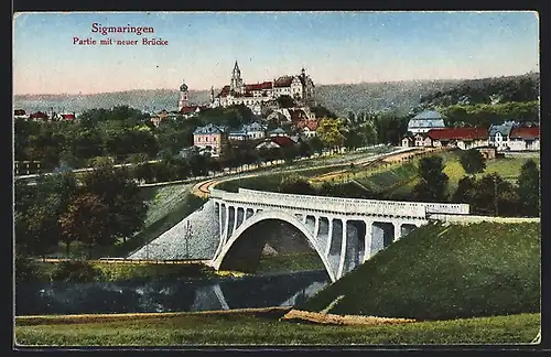 AK Sigmaringen, Partie mit neuer Brücke, Blick zum Schloss