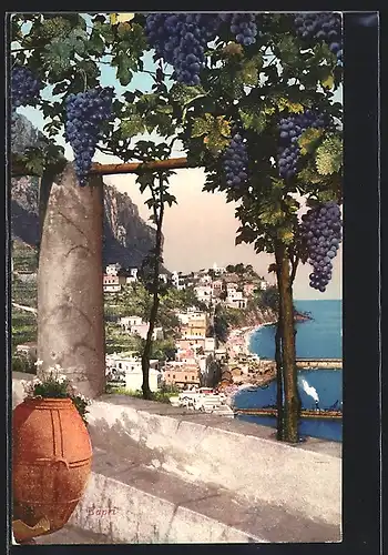 AK Capri, Ortsansicht mit Hafen und Dampfer, Weintraubensträucher