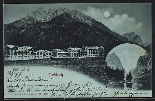 AK Toblach, Hotel Toblach mit Gebirgswand, Toblacher See