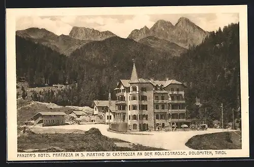 AK San Martino di Castrozza, Panzer`s Hotel Fratazza an der Rollestrasse, Dolomiten