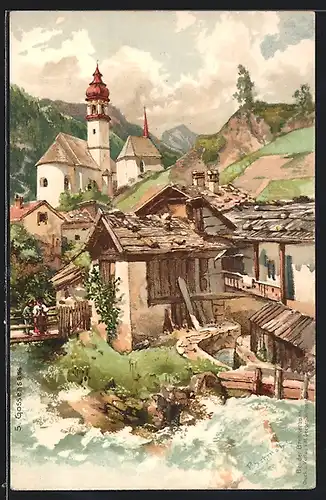 Künstler-AK P. Schmohl: Gossensass, Ortspartie mit Kirche