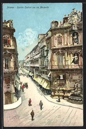 Künstler-AK Palermo, Quattro Cantoni con via macqueda