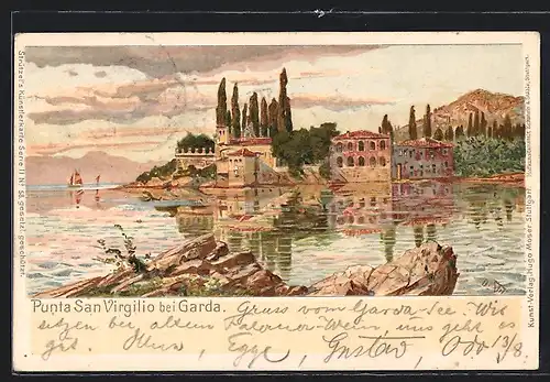 Lithographie Garda, Punta San Virgilio bei Garda, Ortsansicht vom Wasser aus