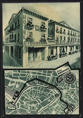AK Venezia, Hotel Giorgione mit Stadtkarte