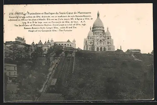 AK Paris, Funiculaire et Basilique du Sacré-Coeur de Montmarre