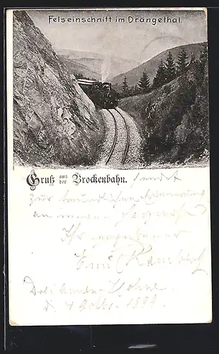 AK Brockenbahn an einem Felseinschnitt im Drängethal