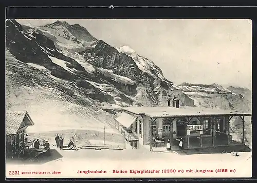 AK Jungfraubahn, Station Eigergletscher mit Jungfrau, Bergbahn