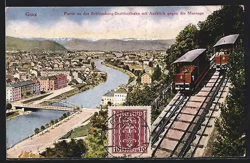 AK Graz, Schlossberg-Drahtseilbahn mit Ausblick gegen die Murenge